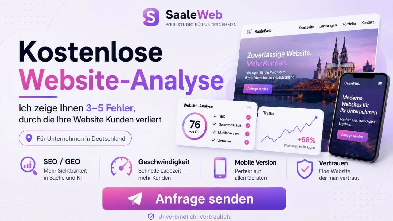 Kostenlose SaaleWeb Website-Analyse mit Prüfung von SEO, Geschwindigkeit, mobiler Version und Vertrauen
