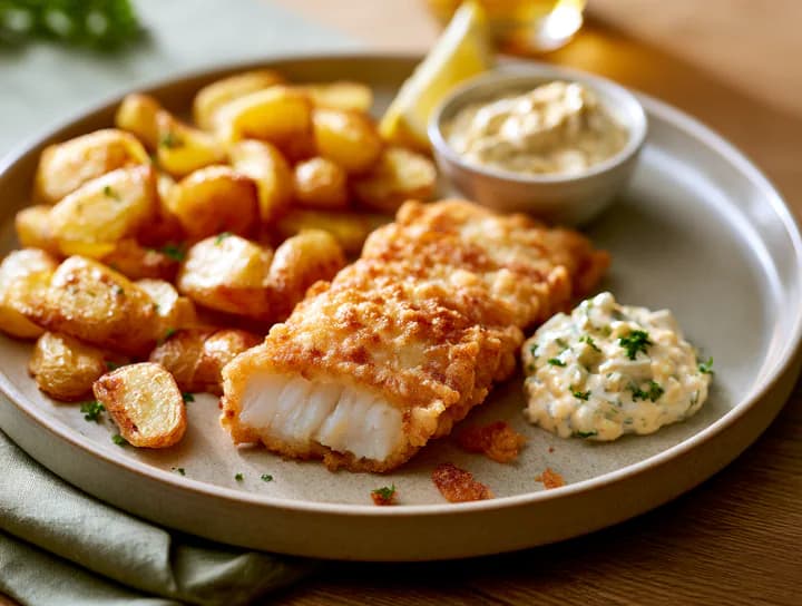 Knuspriger Backfisch mit hausgemachter Remoulade und Bratkartoffeln
