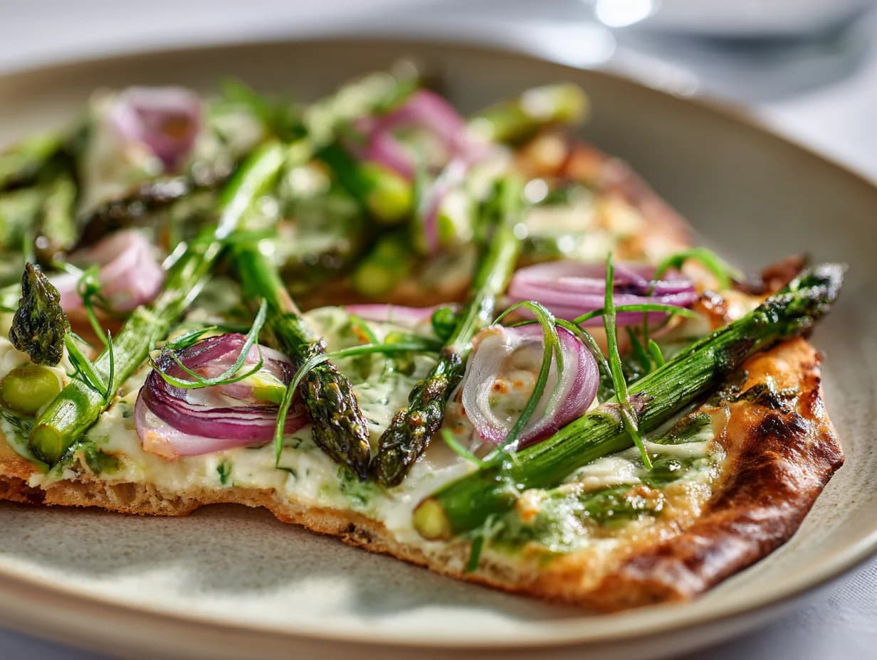 Flammkuchen mit grünem Spargel aus der Speisekarte des Waldschlösschens