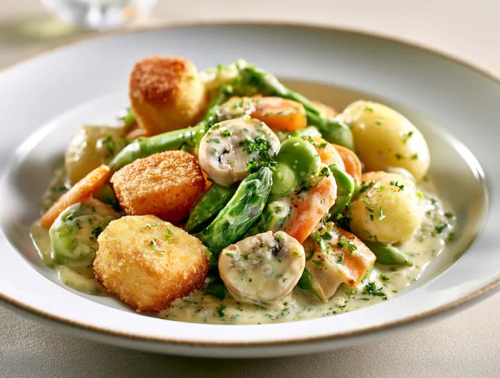 Saisonale Gemüsepfanne mit Kräuterrahm, Kroketten und Kartoffeln