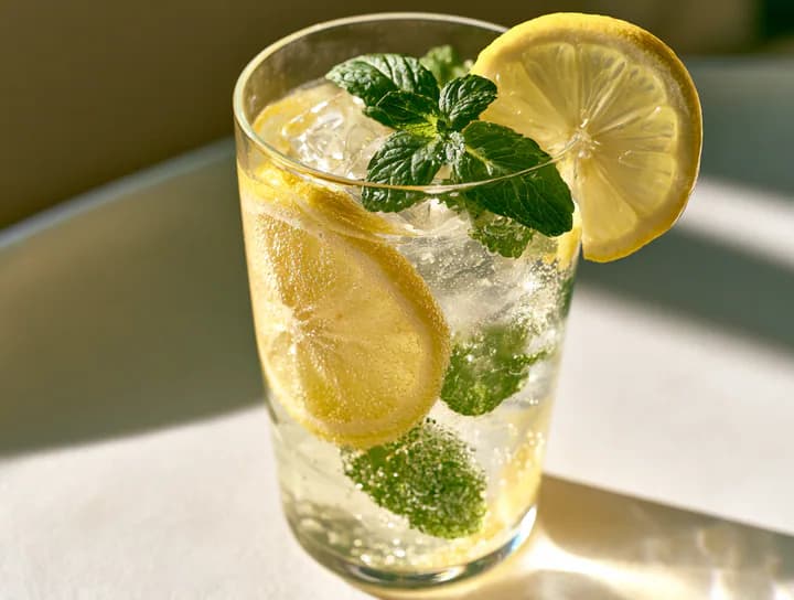 Hausgemachte Limonade mit Zitrone, Minze, Eis und Sprudel