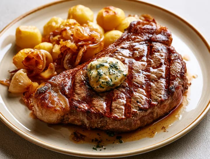 Rinderrückensteak mit Schmorzwiebeln und Bratkartoffeln