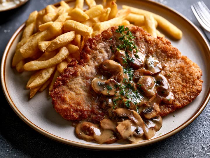 Saftiges Schweineschnitzel mit cremigen Pilzen und Pommes