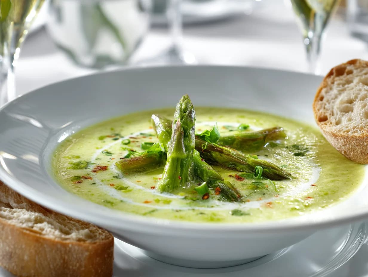Cremige Spargelsuppe mit Spargeleinlage und hausgebackenem Brot