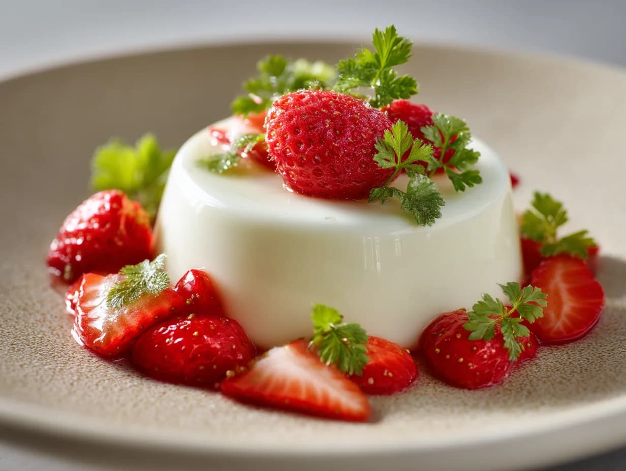 Spargel-Panna-Cotta mit frischen Erdbeeren