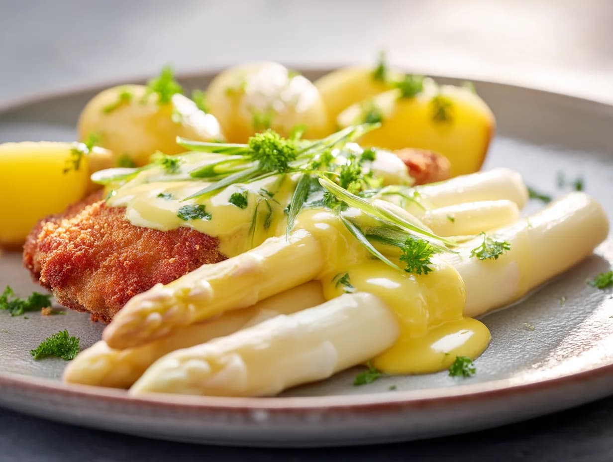 Stangenspargel mit Schweineschnitzel, Sauce Hollandaise und Kartoffeln